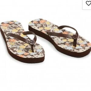 NWOB Tory Burch Soho Reverie Walnut Brown Floral Thin Flip Flops Sandal Flat 9